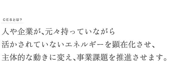 人や企業が、元々持っていながら活かされていないエネルギーを顕在化させ、主体的な動きに変え、事業課題を推進させます。
