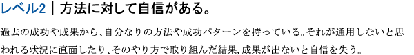 レベル2｜方法に対して自信がある。過去の成功や成果から、自分なりの方法や成功パターンを持っている。それが通用しないと思われる状況に直面したり、そのやり方で取り組んだ結果,成果が出ないと自信を失う。