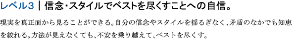 レベル３｜信念・スタイルでベストを尽くすことへの自信。現実を真正面から見ることができる。自分の信念やスタイルを揺るぎなく、矛盾のなかでも知恵を絞れる。方法が見えなくても、不安を乗り越えて、ベストを尽くす。