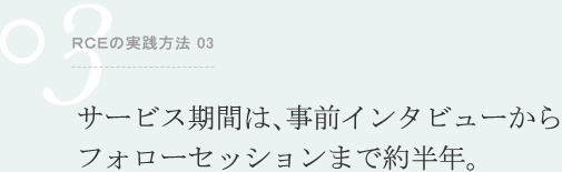 代表的サービス例 03 サービス期間は、事前インタビューからフォローセッションまで約半年。